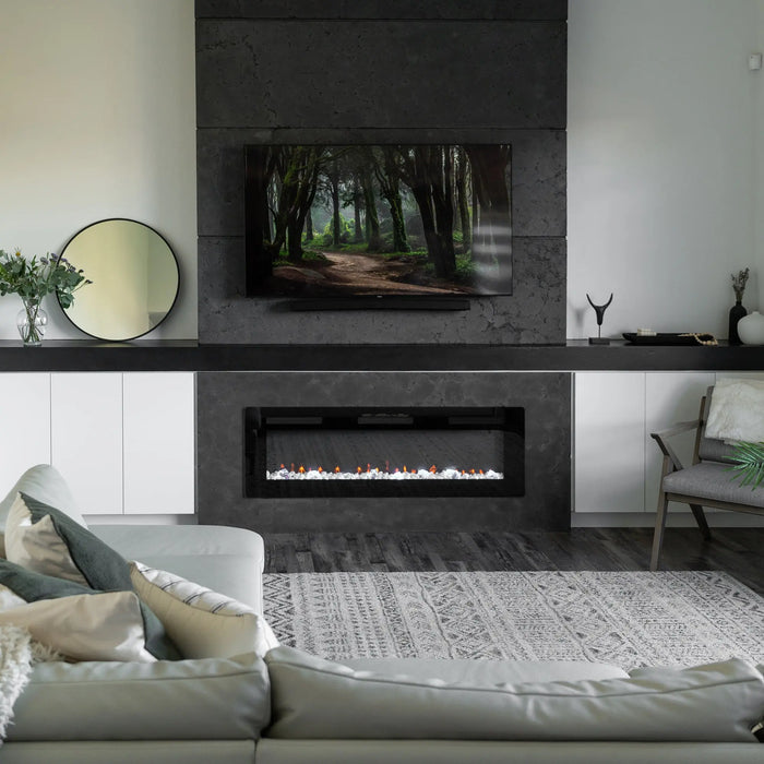 Dimplex Sierra Linear Electric Fireplace - installed below a TV in a dark gray media wall