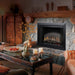 Dimplex Standard 39" Built-in Electric Firebox - installed in a stone fireplace with a log mantel in a rustic living room