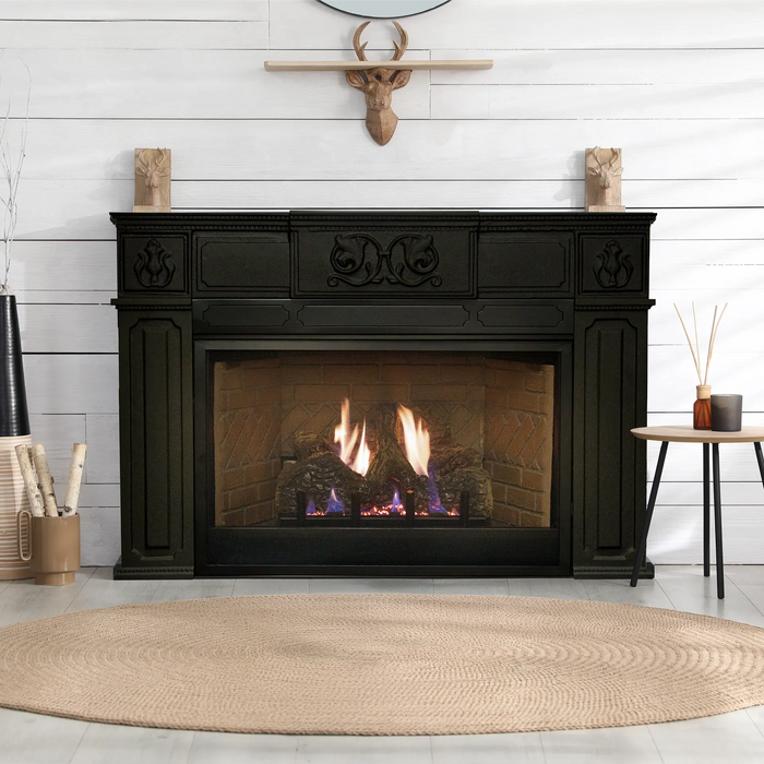 Empire 28" Innsbrook, installed in a black mantel in a white shiplap wall