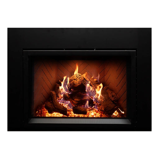 Empire 30" Rainier Premier Direct Vent Fireplace Insert, insert front with flames, close