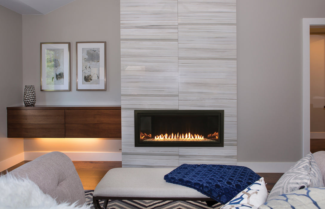 Empire Boulevard Linear 36" Vent Free Gas Fireplace, installed in a white wall with shelving
