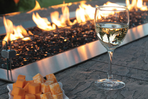 Empire Carol Rose Linear 60" Outdoor Fire Pit, wind deflector with flames, close view