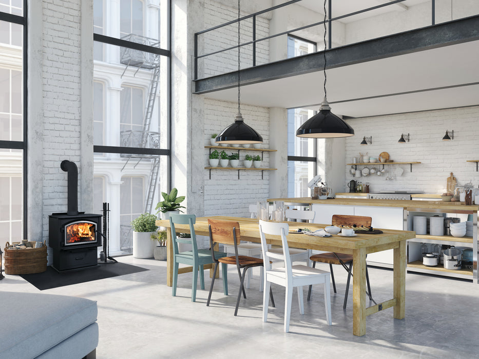 Empire Stove 24" Gateway 1700 Freestanding Wood Burning Stove, stove in an open dining and living room