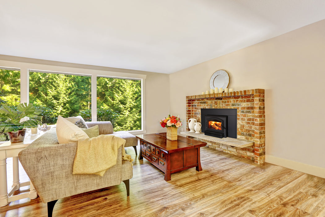 Empire Stove 29" Archway 2300 Wood Burning Insert with Blower, installed in a sunny living room