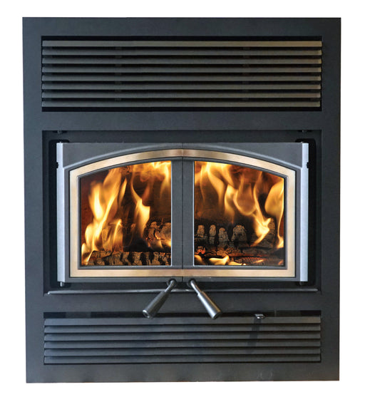 Empire Stove 36" St. Clair 3000 Wood Burning Fireplace, front view with fire and nickel trim