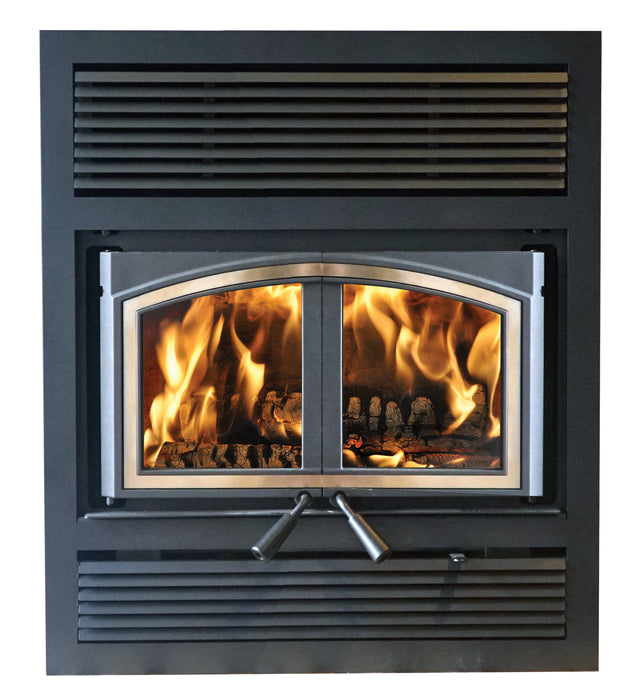 Empire Stove 36" St. Clair 3000 Wood Burning Fireplace, front view with fire and nickel trim