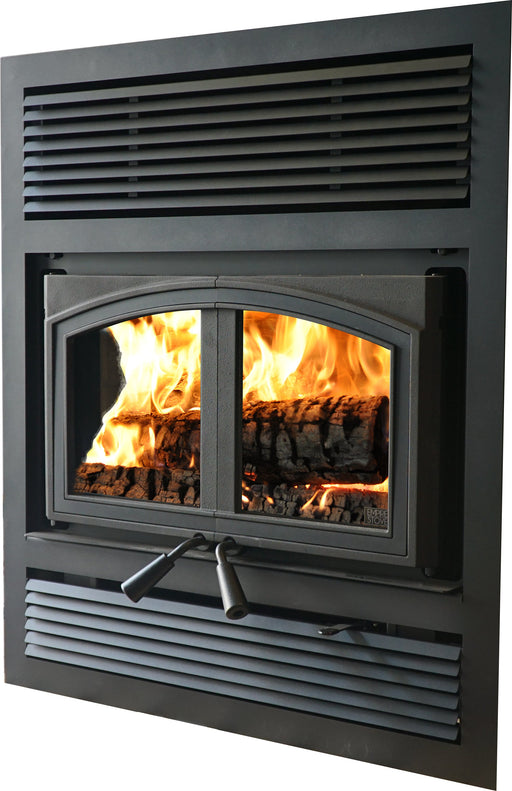 Empire Stove 36" St. Clair 3000 Wood Burning Fireplace, angled view with fire