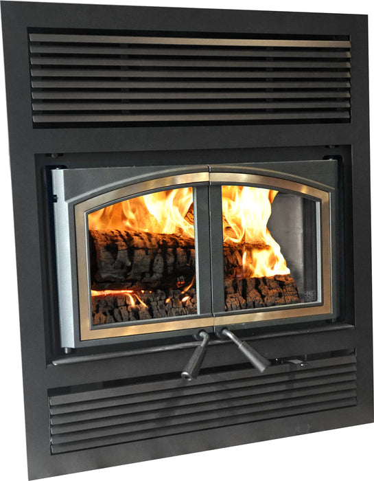 Empire Stove 36" St. Clair 3000 Wood Burning Fireplace, side angle with fire