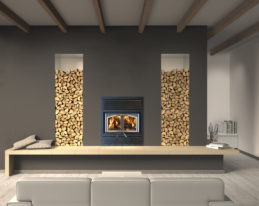 Empire Stove 36" St. Clair 3000 Wood Burning Fireplace, installed in a grey wall between wood niches
