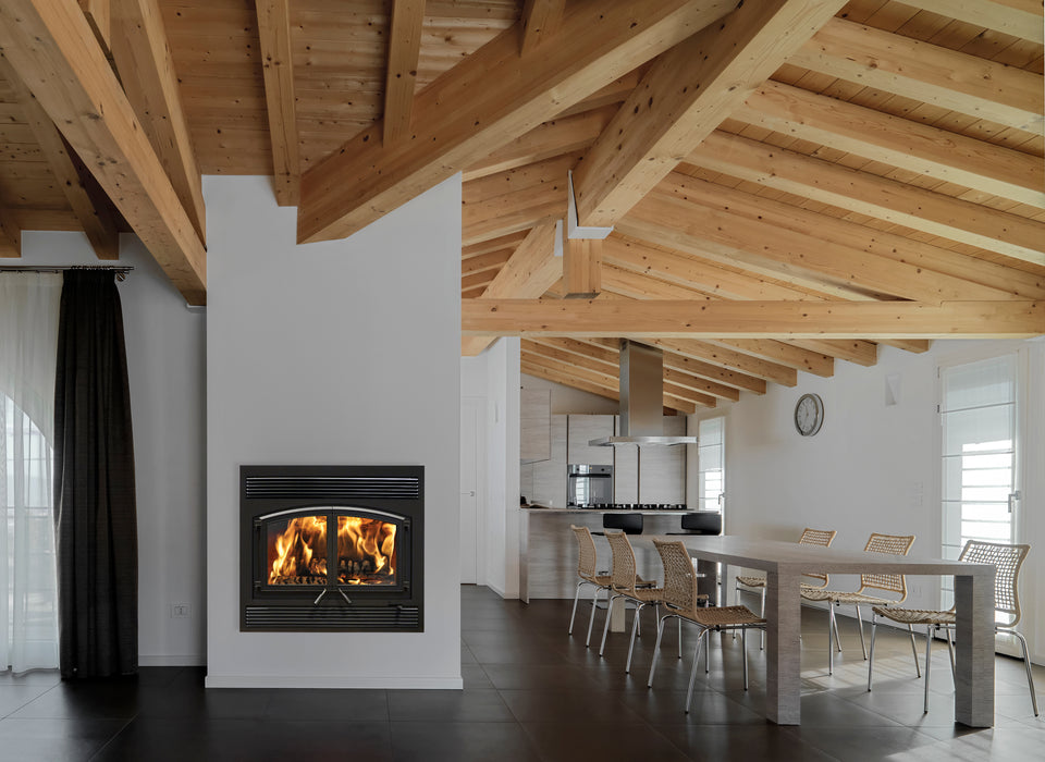 Empire Stove 38" St. Clair 4300 Wood Burning Fireplace with Blower, installed in an open room with wood ceiling