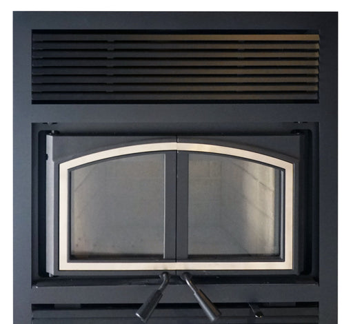 Empire Stove Door Overlay Options for St. Clair, nickel door overlay installed