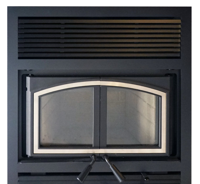 Empire Stove Door Overlay Options for St. Clair, nickel door overlay installed