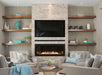 Empire Boulevard vent-free linear fireplace with a TV mounted above, using vent-free heat management (HMFATV)