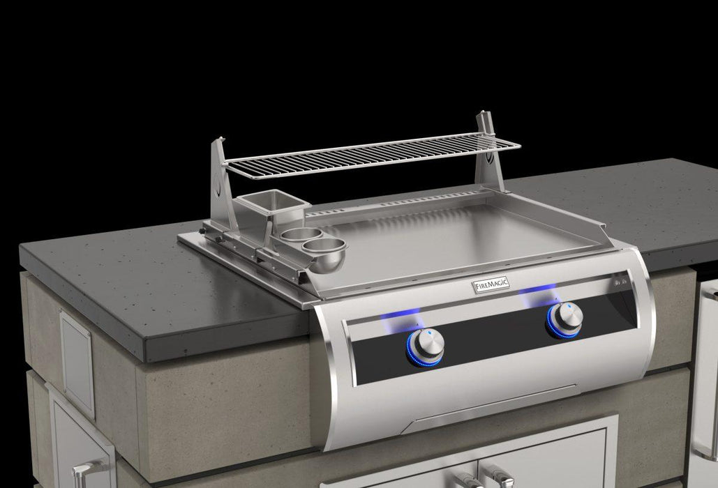 Fire Magic 3700 Condiments Kit and 3685S Warming Rack on a gourmet griddle