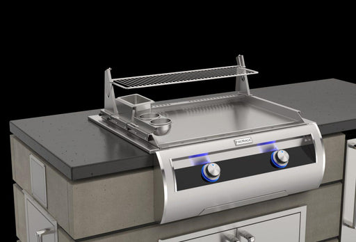Fire Magic 3700 Condiments Kit and 3685S Warming Rack on a gourmet griddle
