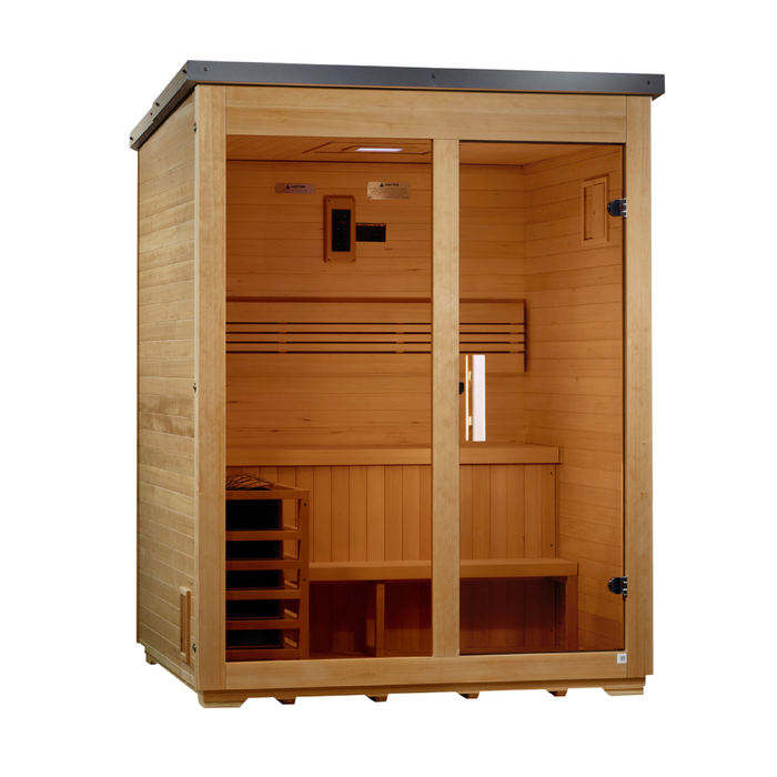 Golden Designs Arlberg 3 Person Flat Roof Outdoor Traditional Steam Sauna - Canadian Hemlock Golden Design Saunas