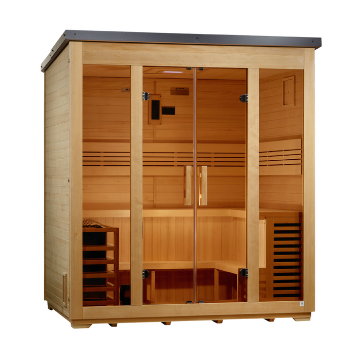 Golden Designs Vorarlberg 5 Person Flat Roof Outdoor Traditional Steam Sauna - Canadian Hemlock Golden Design Saunas