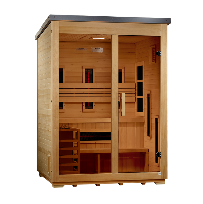 Golden Designs Carinthia 3 Person Flat Roof Hybrid Outdoor Sauna (Full Spectrum IR or Traditional Stove) - Canadian Hemlock Golden Design Saunas