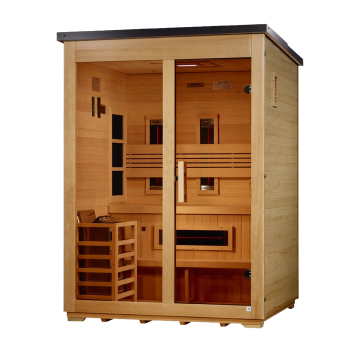 Golden Designs Carinthia 3 Person Flat Roof Hybrid Outdoor Sauna (Full Spectrum IR or Traditional Stove) - Canadian Hemlock Golden Design Saunas