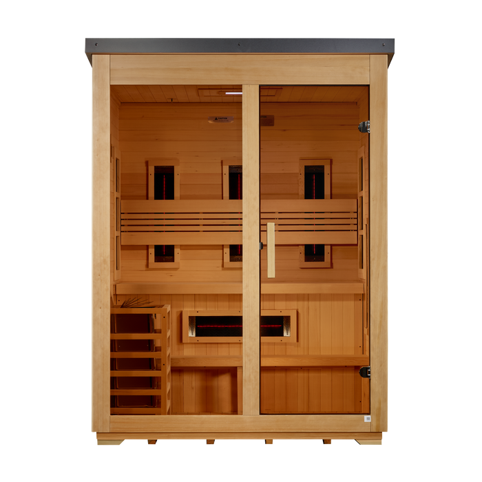 Golden Designs Carinthia 3 Person Flat Roof Hybrid Outdoor Sauna (Full Spectrum IR or Traditional Stove) - Canadian Hemlock Golden Design Saunas