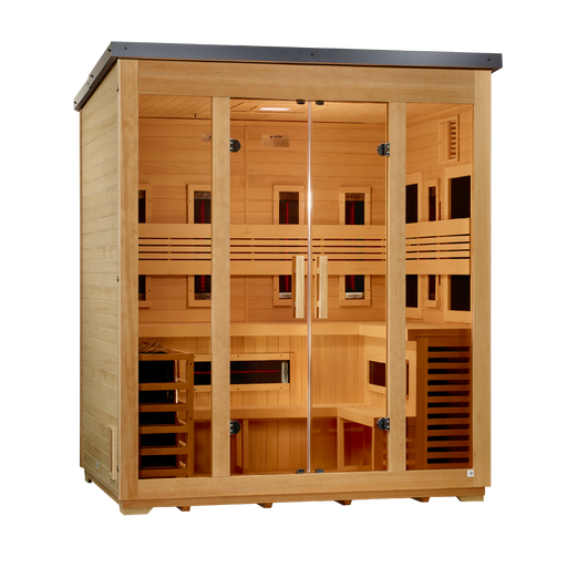Golden Designs Gargellen 5 Person Flat Roof Hybrid Outdoor Sauna (Full Spectrum IR or Traditional Stove) - Canadian Hemlock Golden Design Saunas