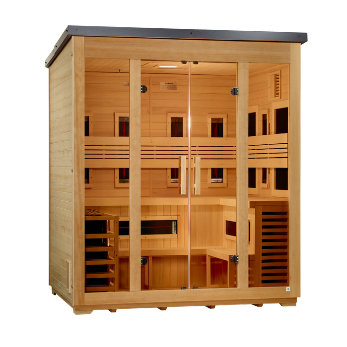 Golden Designs Gargellen 5 Person Flat Roof Hybrid Outdoor Sauna (Full Spectrum IR or Traditional Stove) - Canadian Hemlock Golden Design Saunas