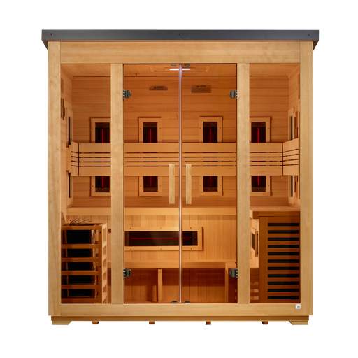 Golden Designs Gargellen 5 Person Flat Roof Hybrid Outdoor Sauna (Full Spectrum IR or Traditional Stove) - Canadian Hemlock Golden Design Saunas