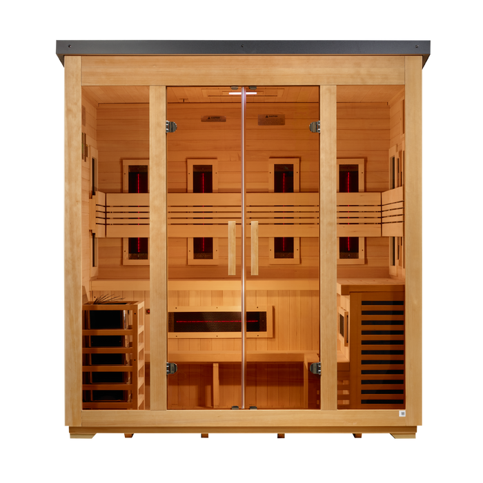 Golden Designs Gargellen 5 Person Flat Roof Hybrid Outdoor Sauna (Full Spectrum IR or Traditional Stove) - Canadian Hemlock Golden Design Saunas
