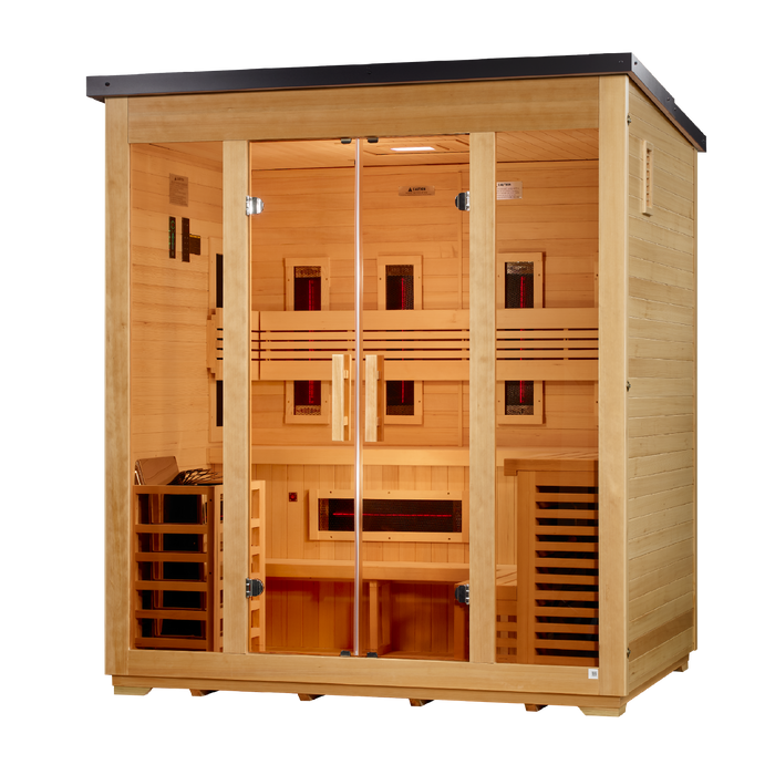 Golden Designs Gargellen 5 Person Flat Roof Hybrid Outdoor Sauna (Full Spectrum IR or Traditional Stove) - Canadian Hemlock Golden Design Saunas
