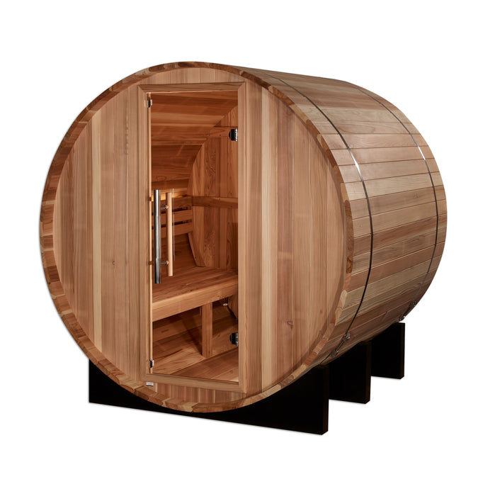 Golden Designs St. Moritz 2 Person Barrel Outdoor Traditional Sauna - Pacific Cedar Golden Design Saunas