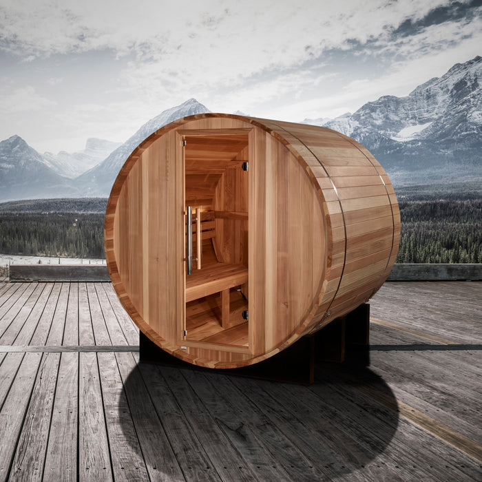 Golden Designs St. Moritz 2 Person Barrel Outdoor Traditional Sauna - Pacific Cedar Golden Design Saunas