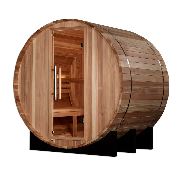 Golden Designs St. Moritz 2 Person Barrel Outdoor Traditional Sauna - Pacific Cedar Golden Design Saunas