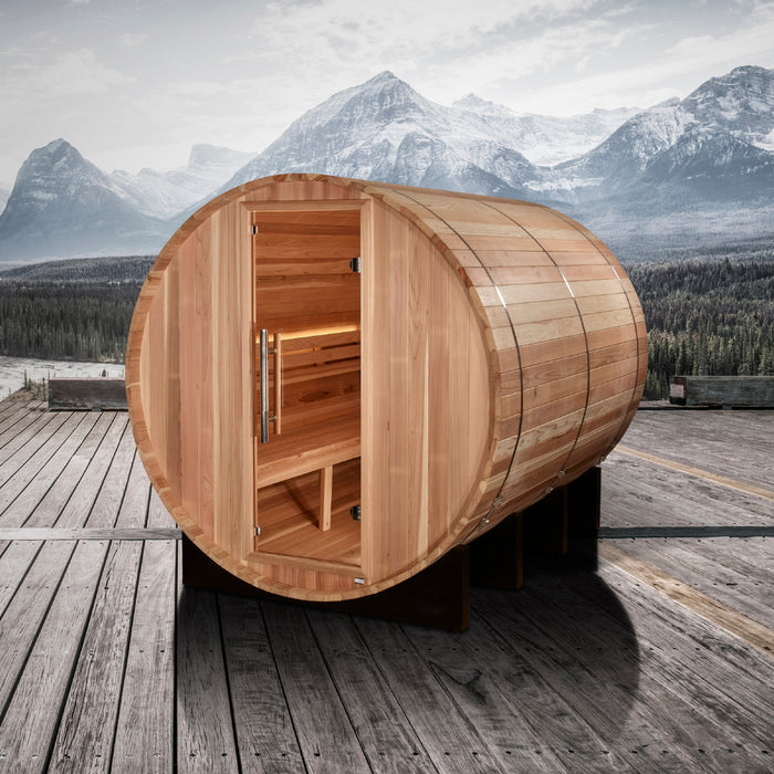 Golden Designs Klosters 6 Person Barrel Outdoor Traditional Sauna - Pacific Cedar Golden Design Saunas