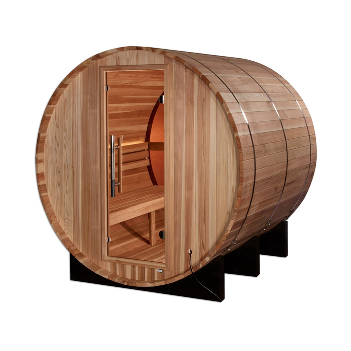 Golden Designs Zurich 4 Person Barrel Outdoor Traditional Sauna with Bronze Privacy View - Pacific Cedar Golden Design Saunas
