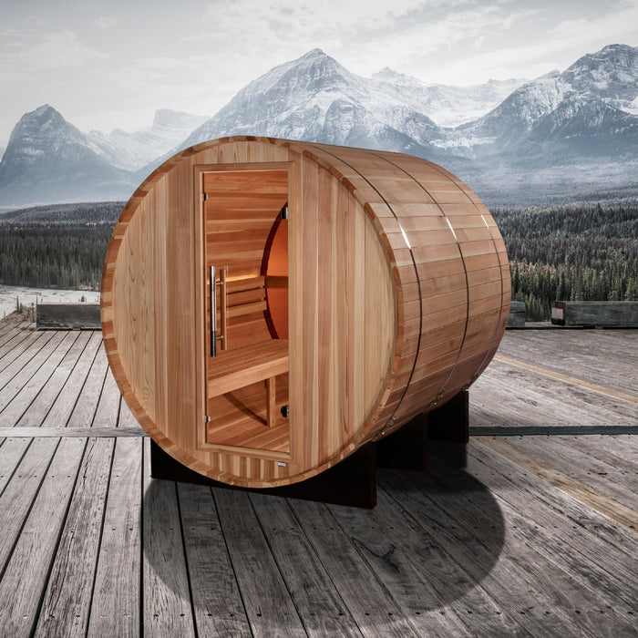 Golden Designs Zurich 4 Person Barrel Outdoor Traditional Sauna with Bronze Privacy View - Pacific Cedar Golden Design Saunas