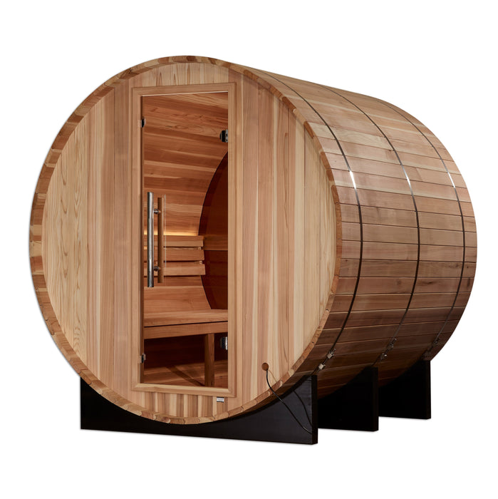 Golden Designs Zurich 4 Person Barrel Outdoor Traditional Sauna with Bronze Privacy View - Pacific Cedar Golden Design Saunas