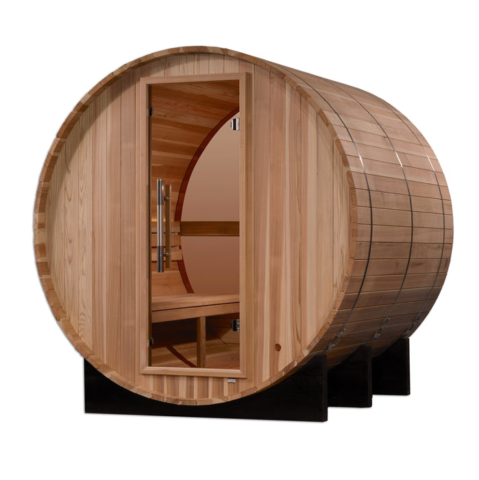 Golden Designs Zurich 4 Person Barrel Outdoor Traditional Sauna with Bronze Privacy View - Pacific Cedar Golden Design Saunas