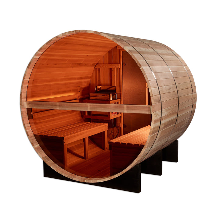 Golden Designs Zurich 4 Person Barrel Outdoor Traditional Sauna with Bronze Privacy View - Pacific Cedar Golden Design Saunas