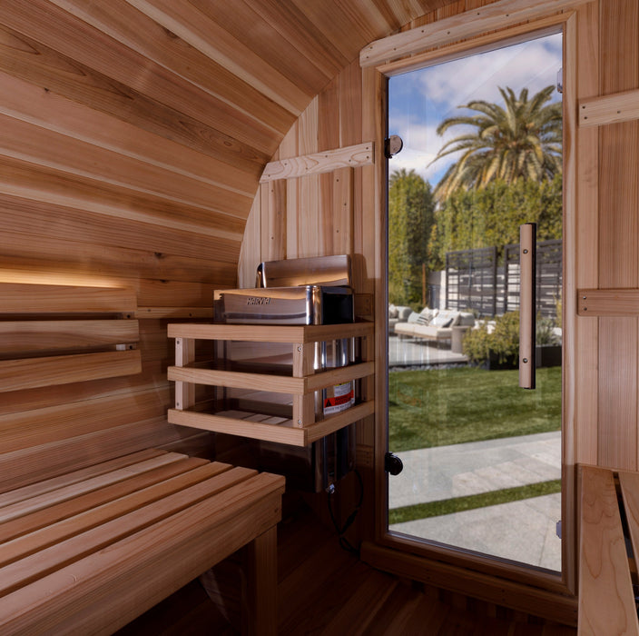 Golden Designs Zurich 4 Person Barrel Outdoor Traditional Sauna with Bronze Privacy View - Pacific Cedar Golden Design Saunas