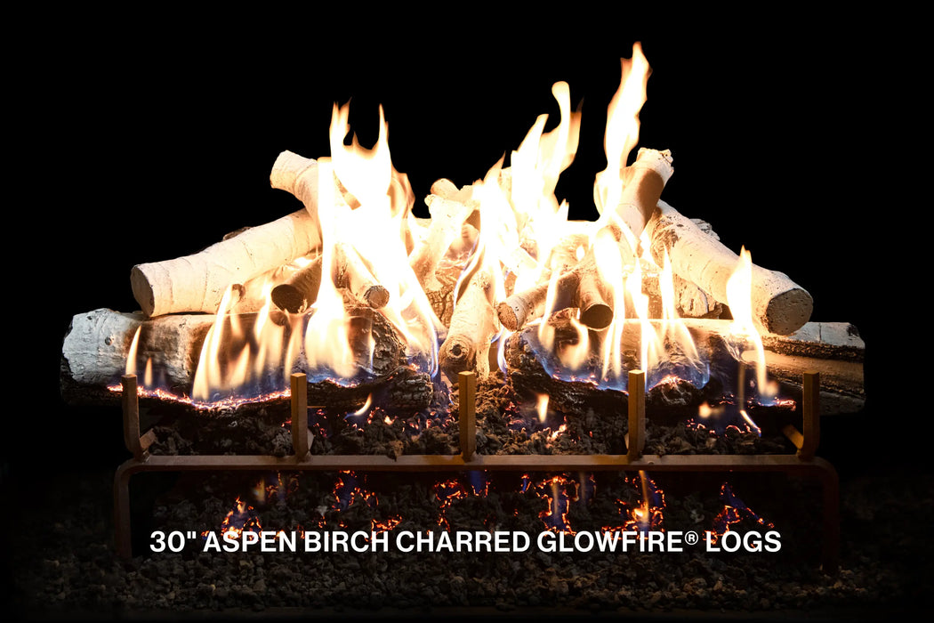 Grand Canyon GlowFire 18" to 36" White Birch Charred Vented Gas Logs - white birch GlowFire logs burning on a black background, labeled 30" Aspen Birch Charred GlowFire Logs