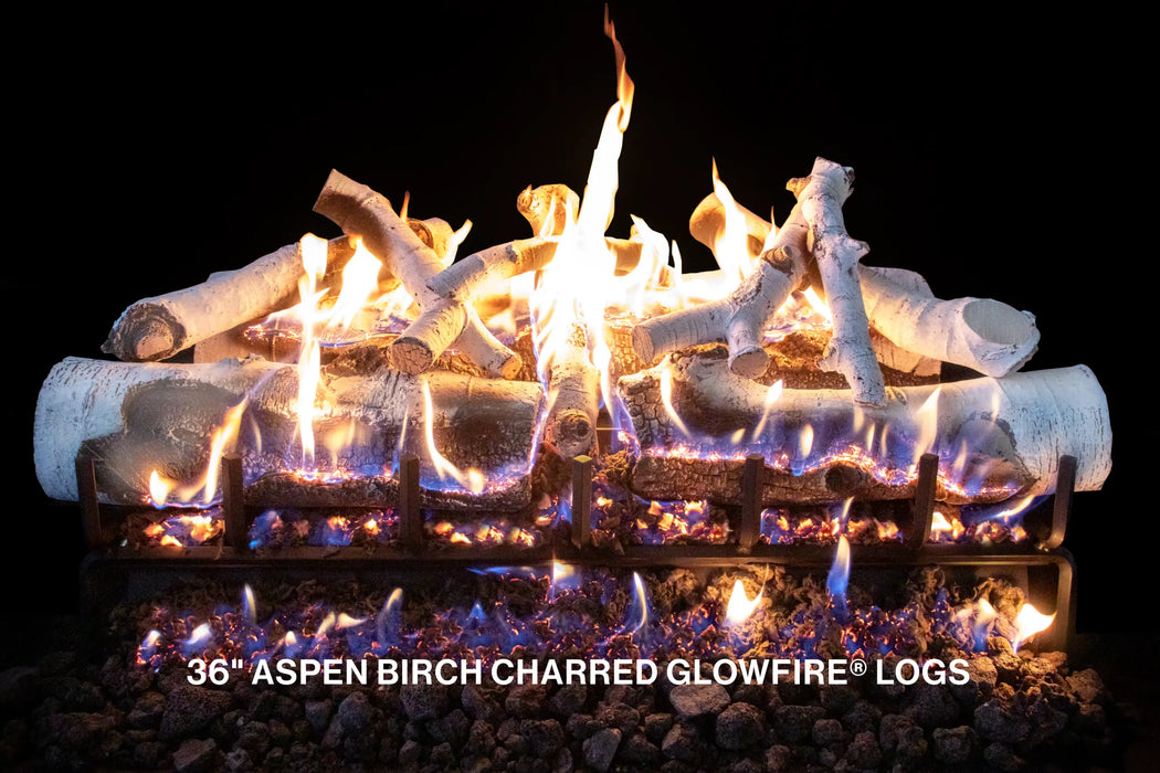 Grand Canyon GlowFire 18" to 36" White Birch Charred Vented Gas Logs - white birch GlowFire logs burning on a black background, labeled 36" Aspen Birch Charred GlowFire Logs