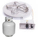 HPC round flat pan push-button flame sensing fire pit insert with Penta burner and control box, next to a small propane tank
