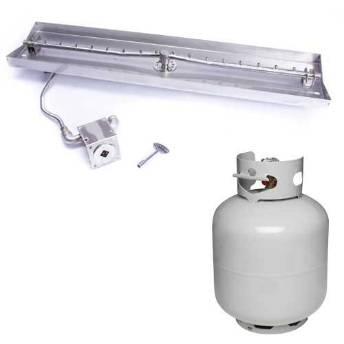 HPC torpedo linear Interlink match lit fire pit insert with key valve and a small propane tank