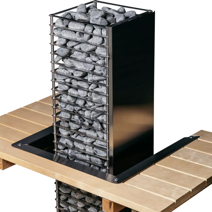 HUUM CLIFF sauna heater set through a sauna bench with the embedding flange