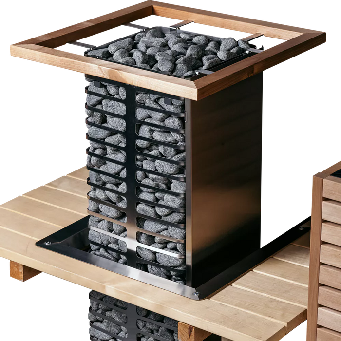 HUUM CLIFF sauna heater with embedding flange and safety rail in a sauna bench