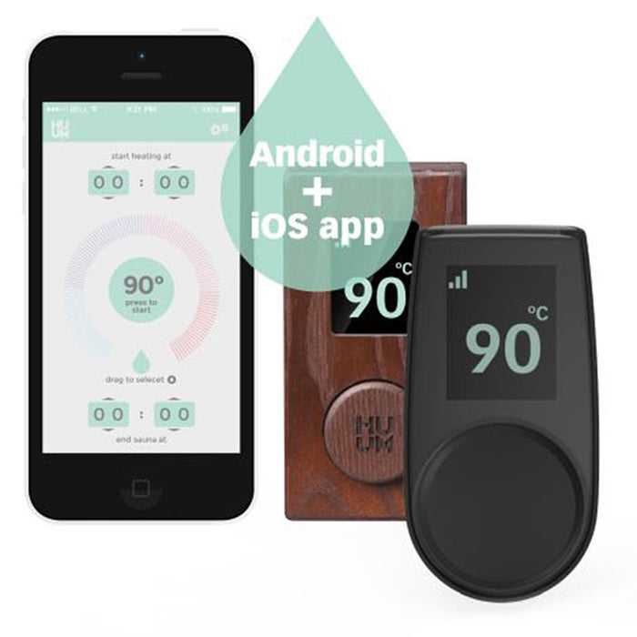 HUUM UKU sauna controls in wood and black beside the HUUM mobile app