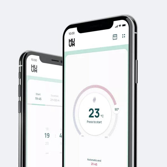 HUUM mobile app screens showing sauna temperature and scheduling