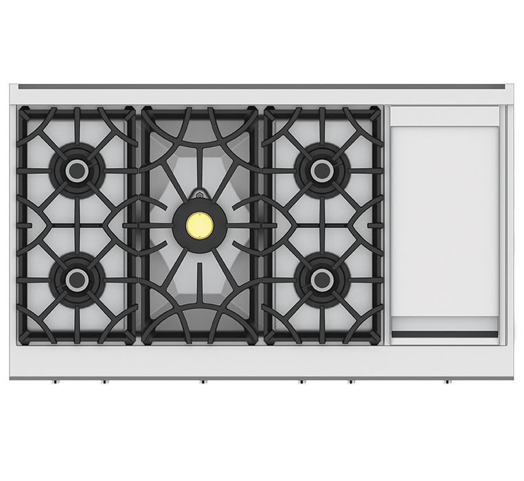 Hestan 48″ Range, 5 Burner with Griddle, Dual Fuel - KRD485GD-NG-1 Hestan Dreamwood Living