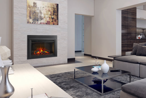 SimpliFire 35" electric fireplace insert in a white fireplace wall