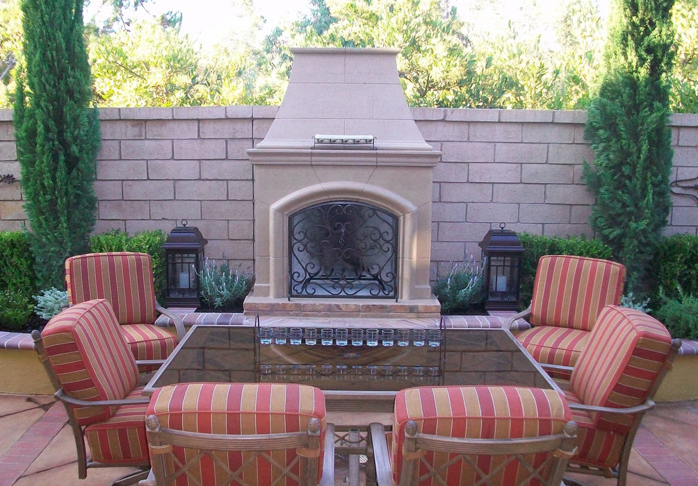 American Fyre Designs Phoenix Outdoor Gas Fireplace on a courtyard patio